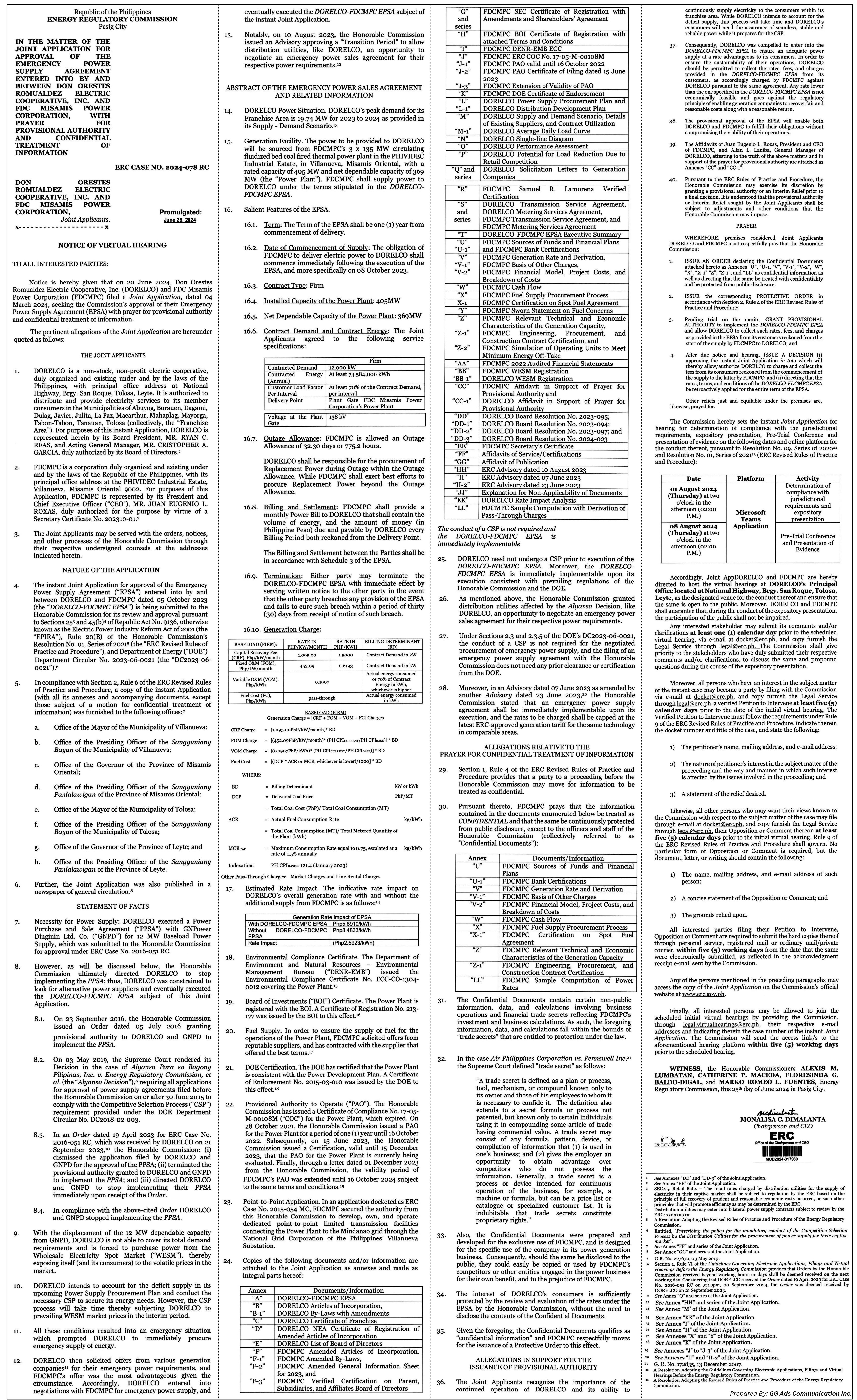 Notice of Virtual Hearing - Don Orestes Romualdez Electric Cooperative, Inc. & FDC Misamis Power Corporation